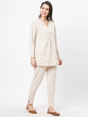 Embroidered Short Tunic With Solid Slim Fit Pants In Natural Cottonflex