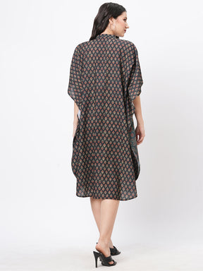 Featuring An Green Kaftan In Two Prints Complimenting Each Other With Front Button Placket