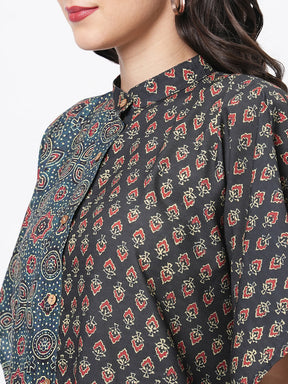 Featuring An Green Kaftan In Two Prints Complimenting Each Other With Front Button Placket