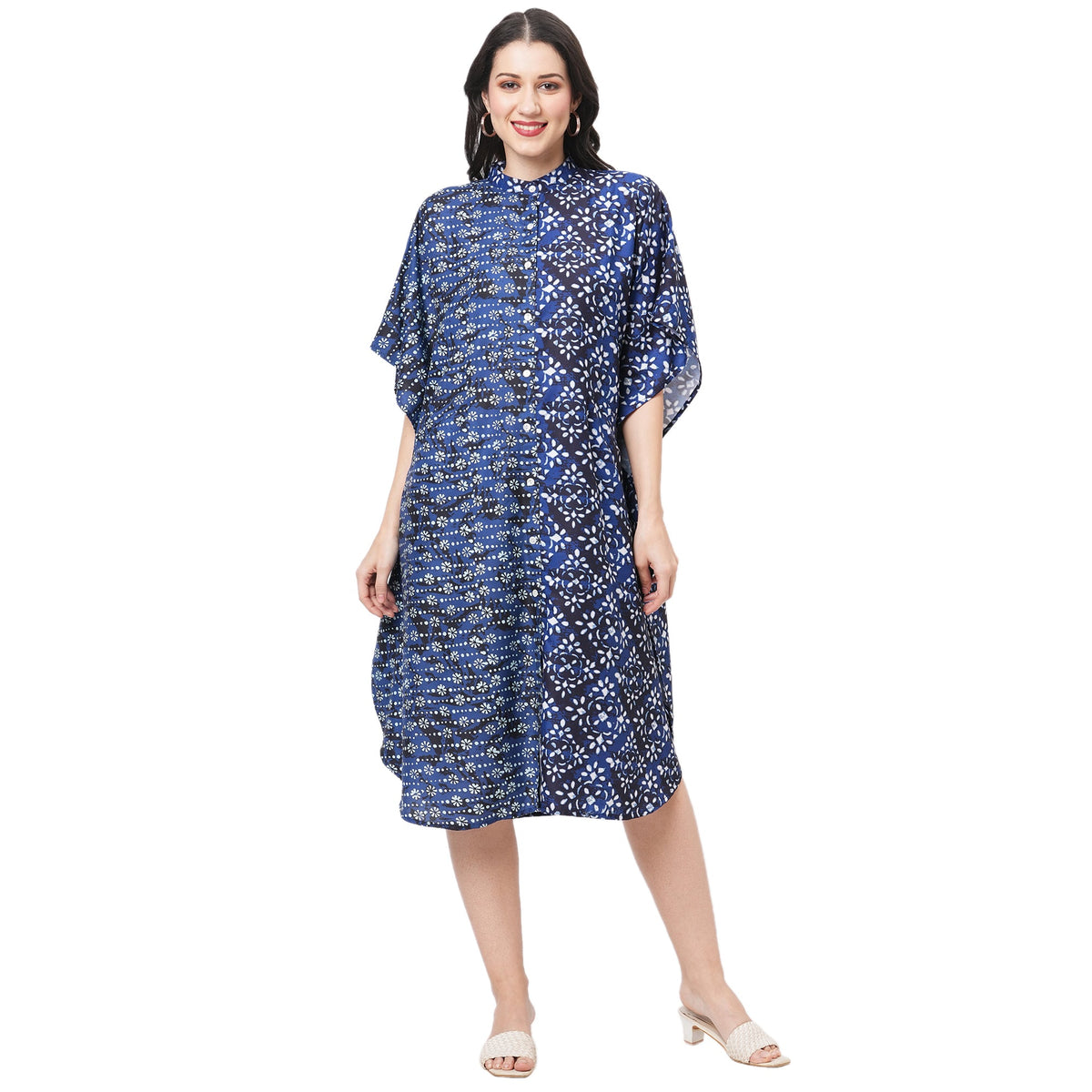 Featuring An Indigo Kaftan In Two Prints Complimenting Each Other With Front Button Placket