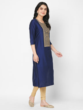 Beautiful Midnight Blue Straight Fit Kurta With Embroidered Long Yoke