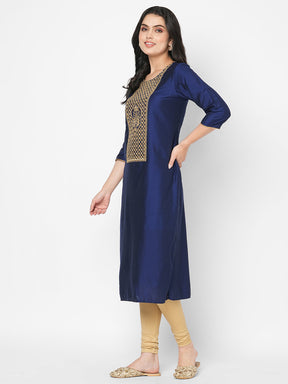 Beautiful Midnight Blue Straight Fit Kurta With Embroidered Long Yoke