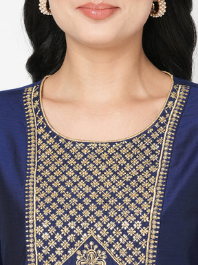 Beautiful Midnight Blue Straight Fit Kurta With Embroidered Long Yoke