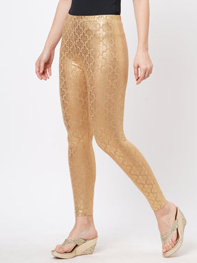  Spell Binding Gold Foil Printed Cotton Lycra Beige Legging Handcrafted For You.