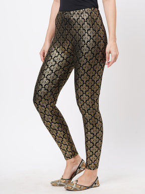  Spell Binding Gold Foil Printed Cotton Lycra Black Legging Handcrafted For You.