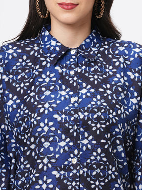 Kaftan Shirt With Front Button Placket In Blue Print