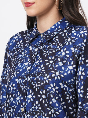 Kaftan Shirt With Front Button Placket In Blue Print