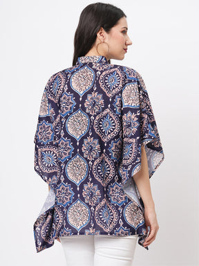 Kaftan Shirt With Front Button Placket In Indigo Print
