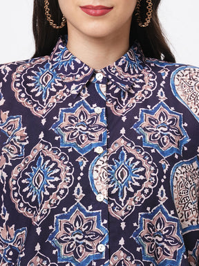 Kaftan Shirt With Front Button Placket In Indigo Print
