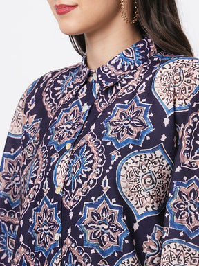 Kaftan Shirt With Front Button Placket In Indigo Print