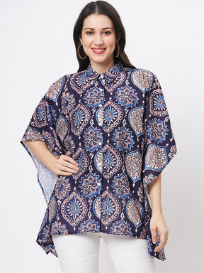 Kaftan Shirt With Front Button Placket In Indigo Print