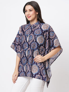 Kaftan Shirt With Front Button Placket In Indigo Print