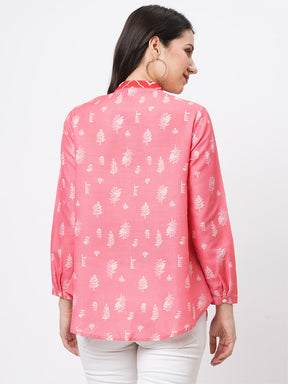 Featuring A Collared Multi Print Peach Shirt With A Long Yoke And Button Down Placket Front.