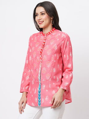 Featuring A Collared Multi Print Peach Shirt With A Long Yoke And Button Down Placket Front.