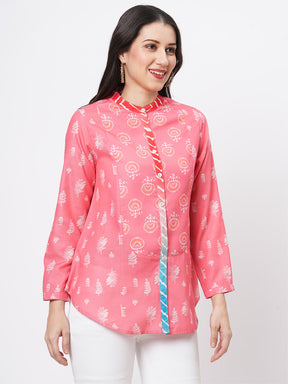 Featuring A Collared Multi Print Peach Shirt With A Long Yoke And Button Down Placket Front.