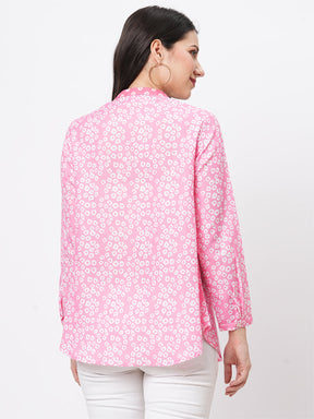 Featuring A Collared Multi Print Pink Shirt With A Long Yoke And Button Down Placket Front.