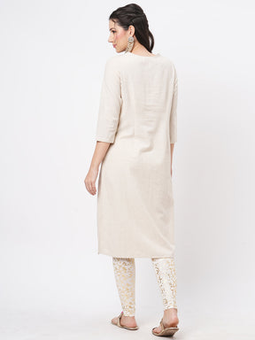 Kurta With Yoke Chikankari Embroidery In Natural Color