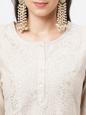 Kurta With Yoke Chikankari Embroidery In Natural Color