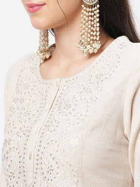 Kurta With Yoke Chikankari Embroidery In Natural Color