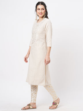 Kurta With Yoke Chikankari Embroidery In Natural Color