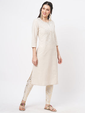Kurta With Yoke Chikankari Embroidery In Natural Color