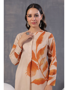Cream Artsy Print Women High-Low Kurta Set