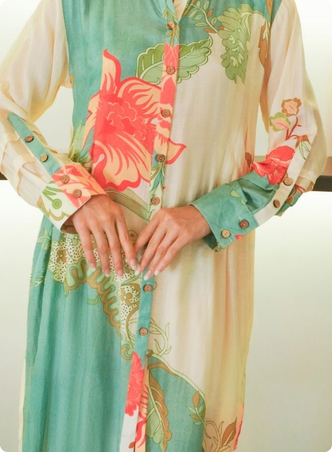 Cream & Green Floral Printed Kurta Set