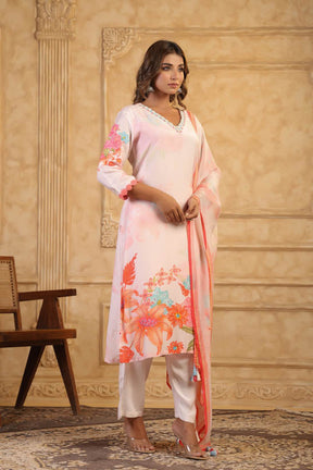 Cream Floral Print Women Kurta Set