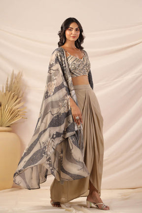 Grey Artsy Floral Print Women Cape Set