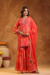Peach Floral Pint Women Sharara Set