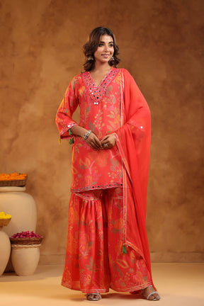 Peach Floral Pint Women Sharara Set