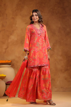 Peach Floral Pint Women Sharara Set