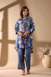Blue Floral Print High-Low Women Co-Ord Set