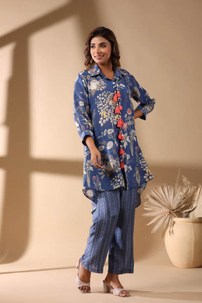 Blue Floral Print High-Low Women Co-Ord Set