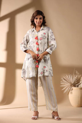 Cream Floral Print High-Low Women Co-Ord Set