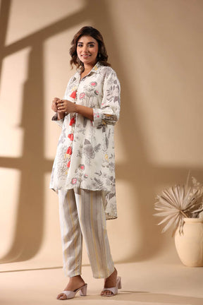 Cream Floral Print High-Low Women Co-Ord Set