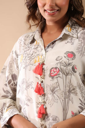 Cream Floral Print High-Low Women Co-Ord Set