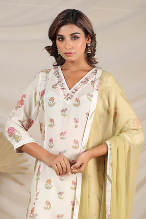 Cream Floral Motif Print Women Kurta Set