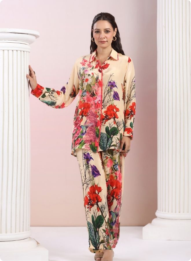 Peach Floral Printed Long Kurta Set