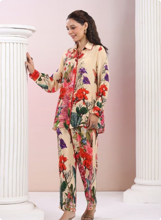 Peach Floral Printed Long Kurta Set