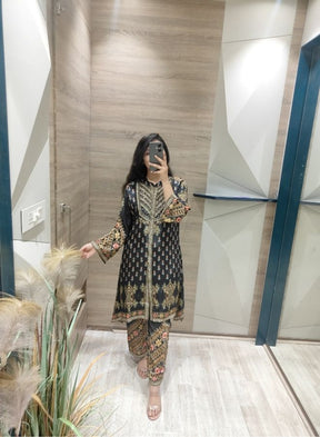 Black Gold Ethnic Print Suit Set