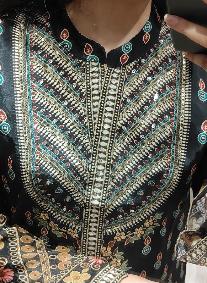 Black Gold Ethnic Print Suit Set