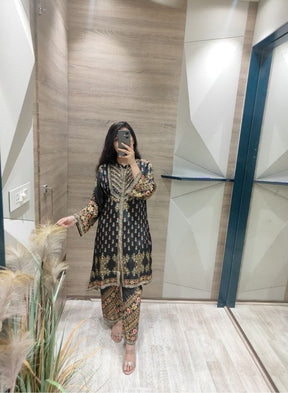 Black Gold Ethnic Print Suit Set