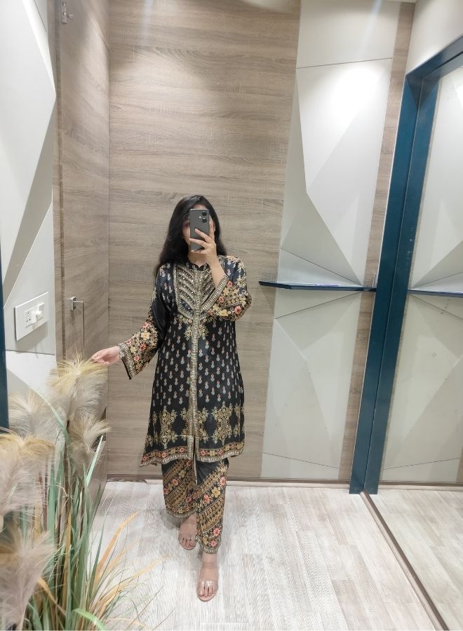 Black Gold Ethnic Print Suit Set