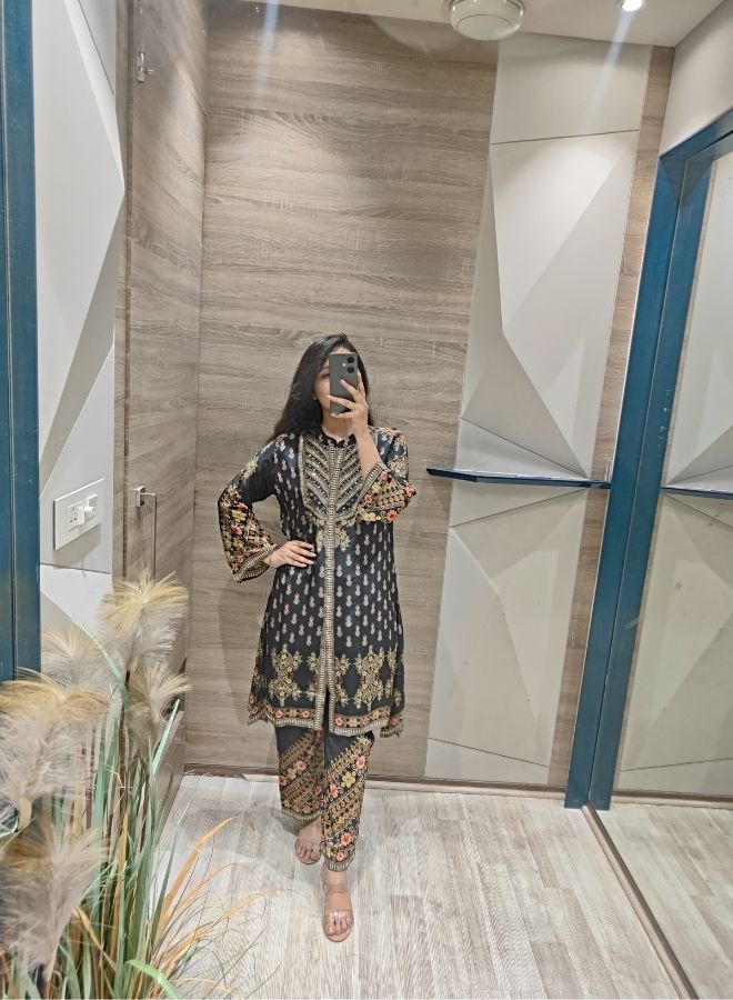 Black Gold Ethnic Print Suit Set
