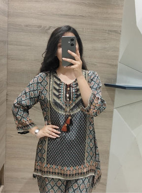 Boho Black Printed Cotton Suit