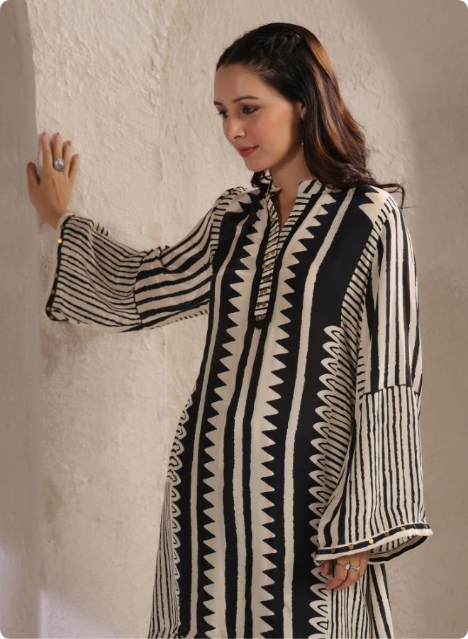Black White Stripe Flared Kurta Set