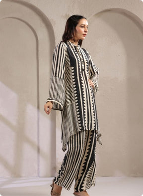 Black White Stripe Flared Kurta Set