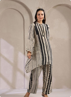 Black White Stripe Flared Kurta Set