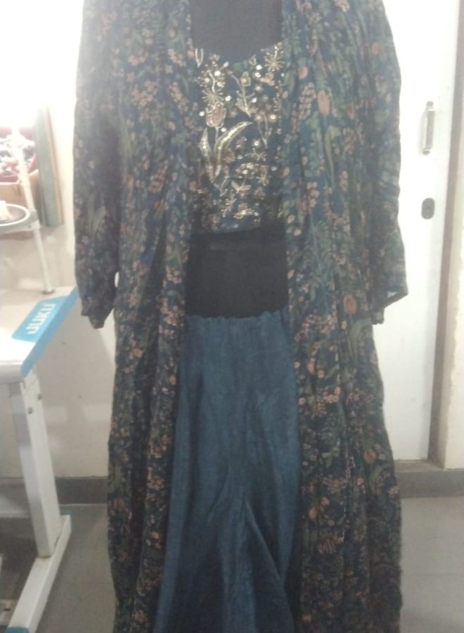 Blue Embroidered Crop Top with Floral Shrug Set